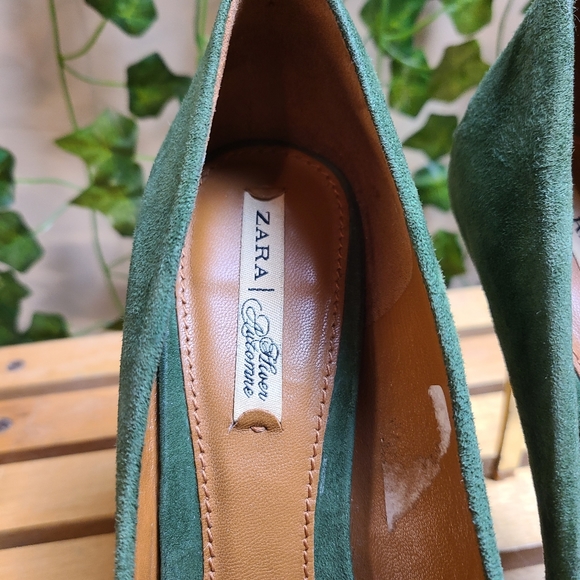 Zara Women's Faux Suede Green Gold Platform Evening Peep Toe Heel - Picture 11 of 16